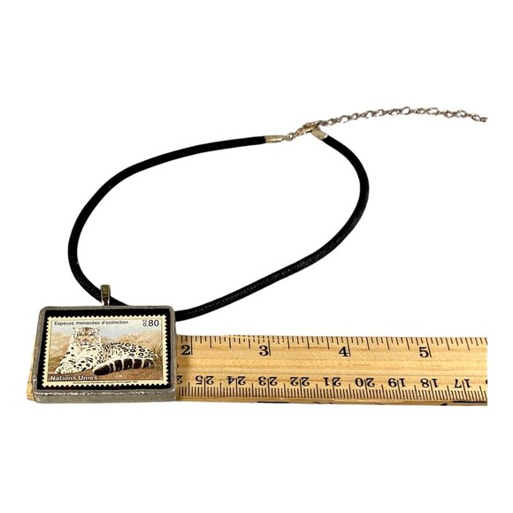 VTG Choker Necklace 14" Pendant UN 1993 Snow Leopard Stamp Cord Y2K Indie Boho - Picture 12 of 16